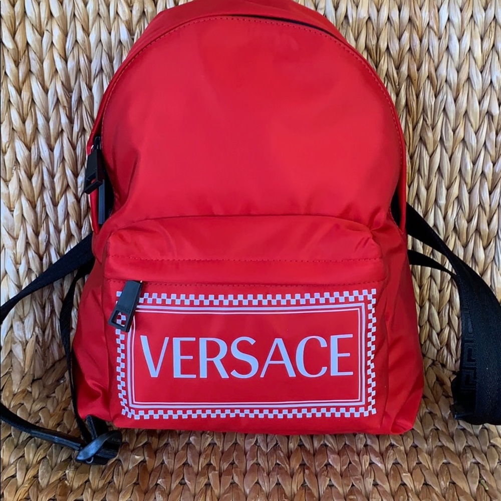 NWT Versace Red Nylon Black Leather Backpack